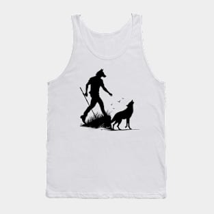 Moonlit Encounter: Wolf and Werewolf Silhouettes Tank Top